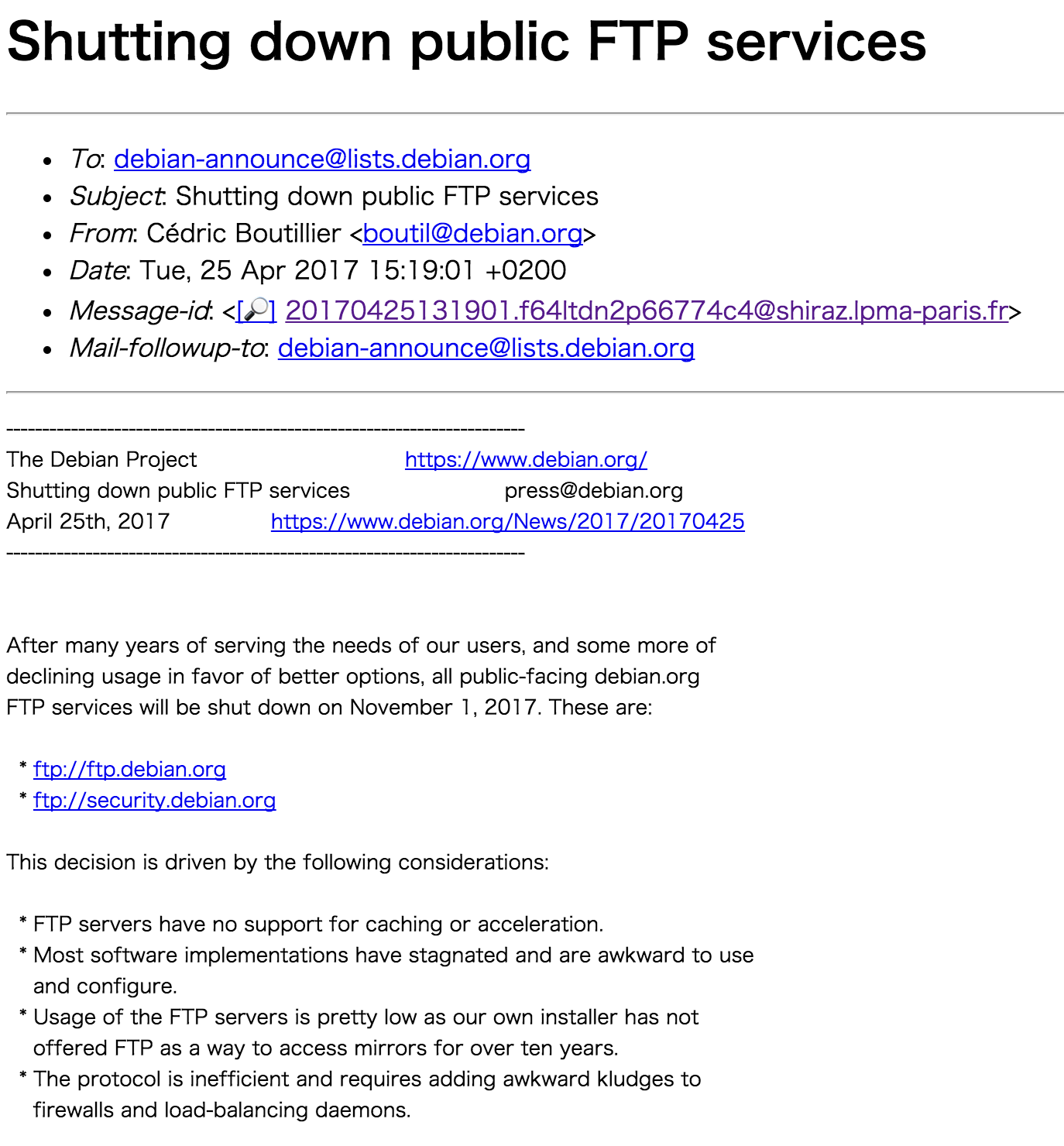 Debian 宣布于2017年11月1日关闭 FTP 服务器-芊雅企服